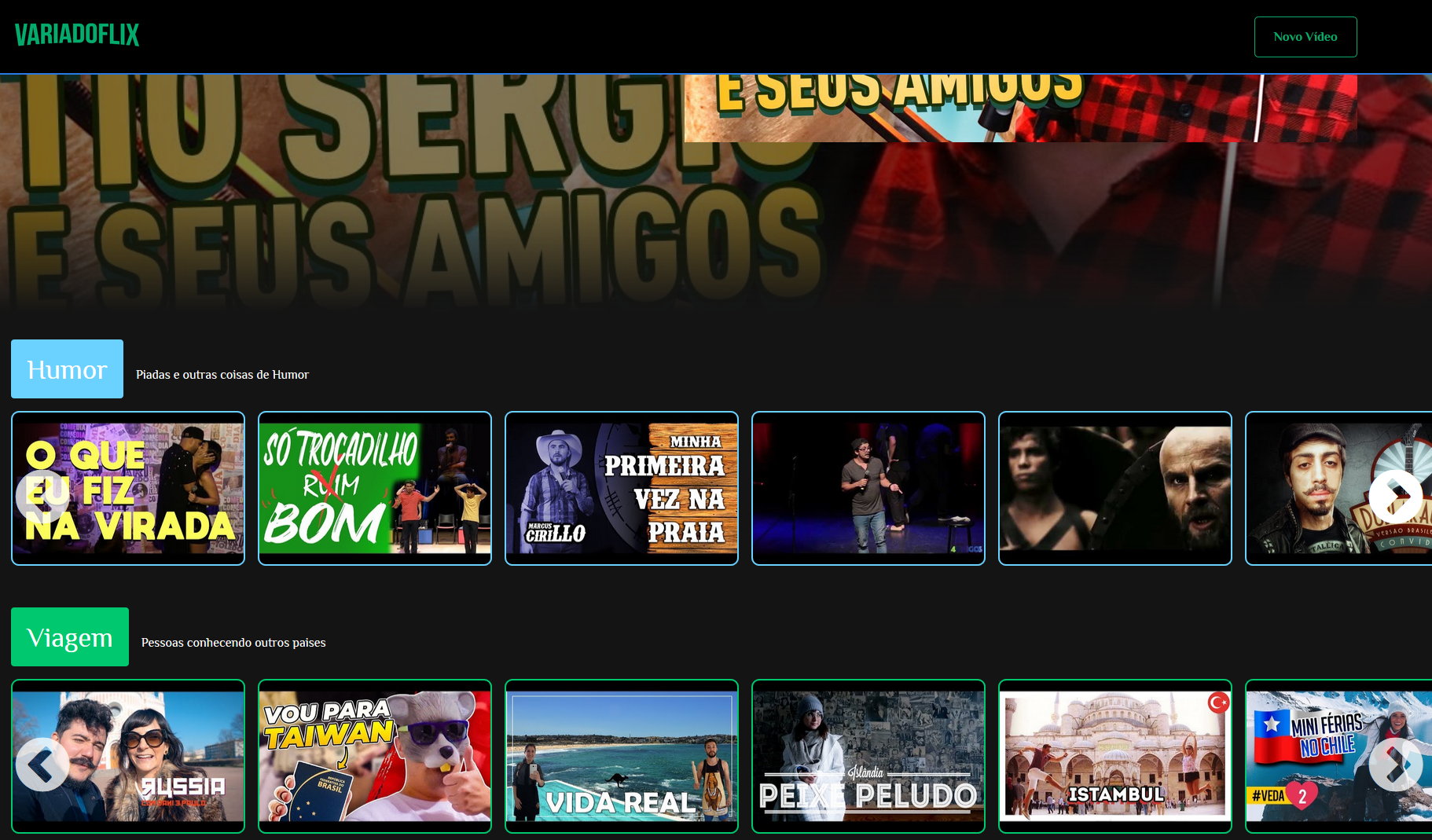 Imagem da página do Variadoflix. Mostra duas listas de videos na horizontal, uma abaixo da outra.