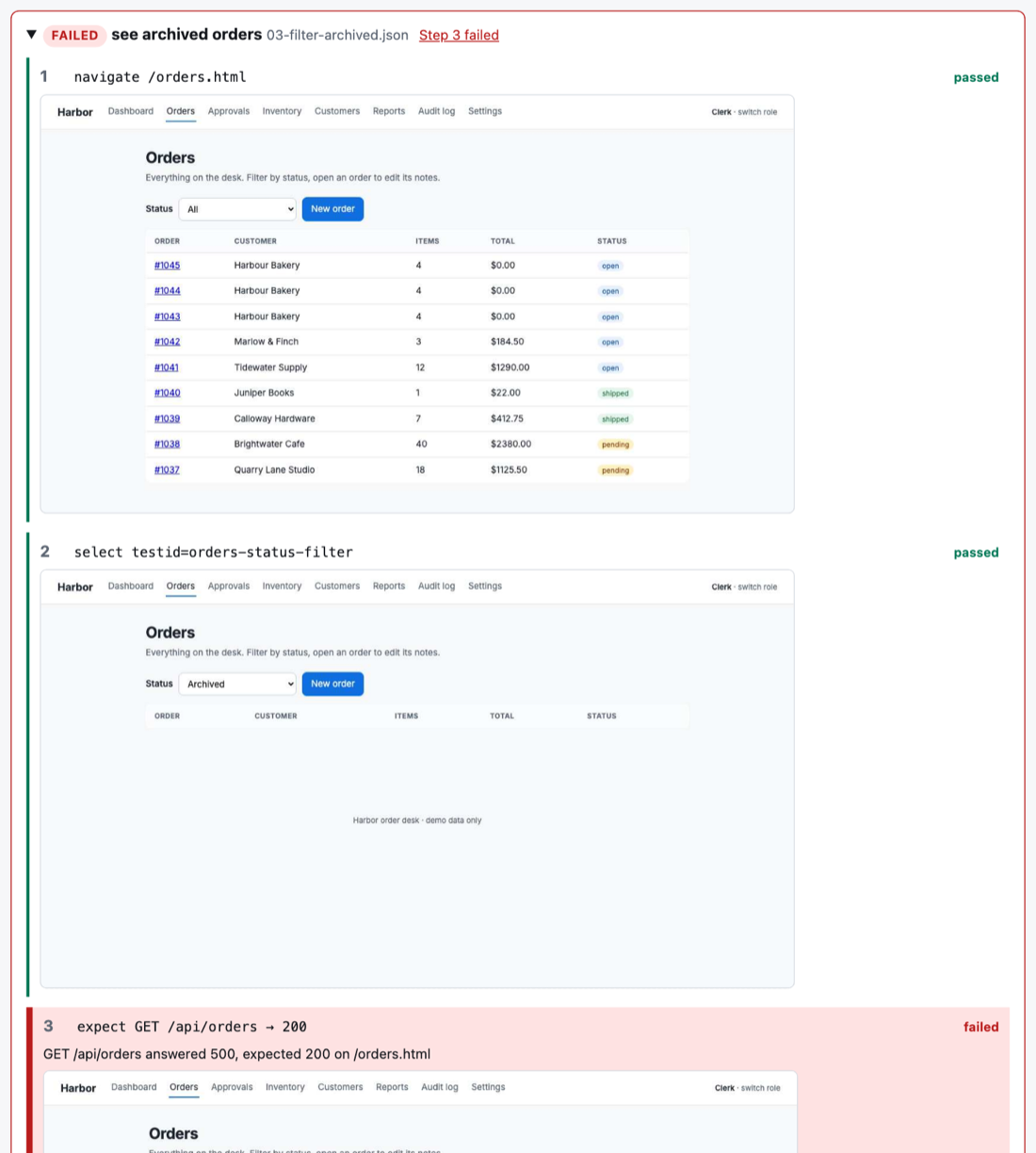 The failed journey opened: step 1 navigates to the orders page and passes, step 2 selects Archived and passes with an empty table, step 3 expected GET /api/orders to answer 200 and it answered 500, highlighted in red