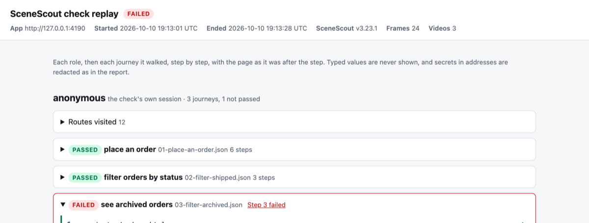 The check's replay page: verdict FAILED, the app's address, start and end times, 24 frames and 3 videos; two journeys passed and one, see archived orders, failed at step 3