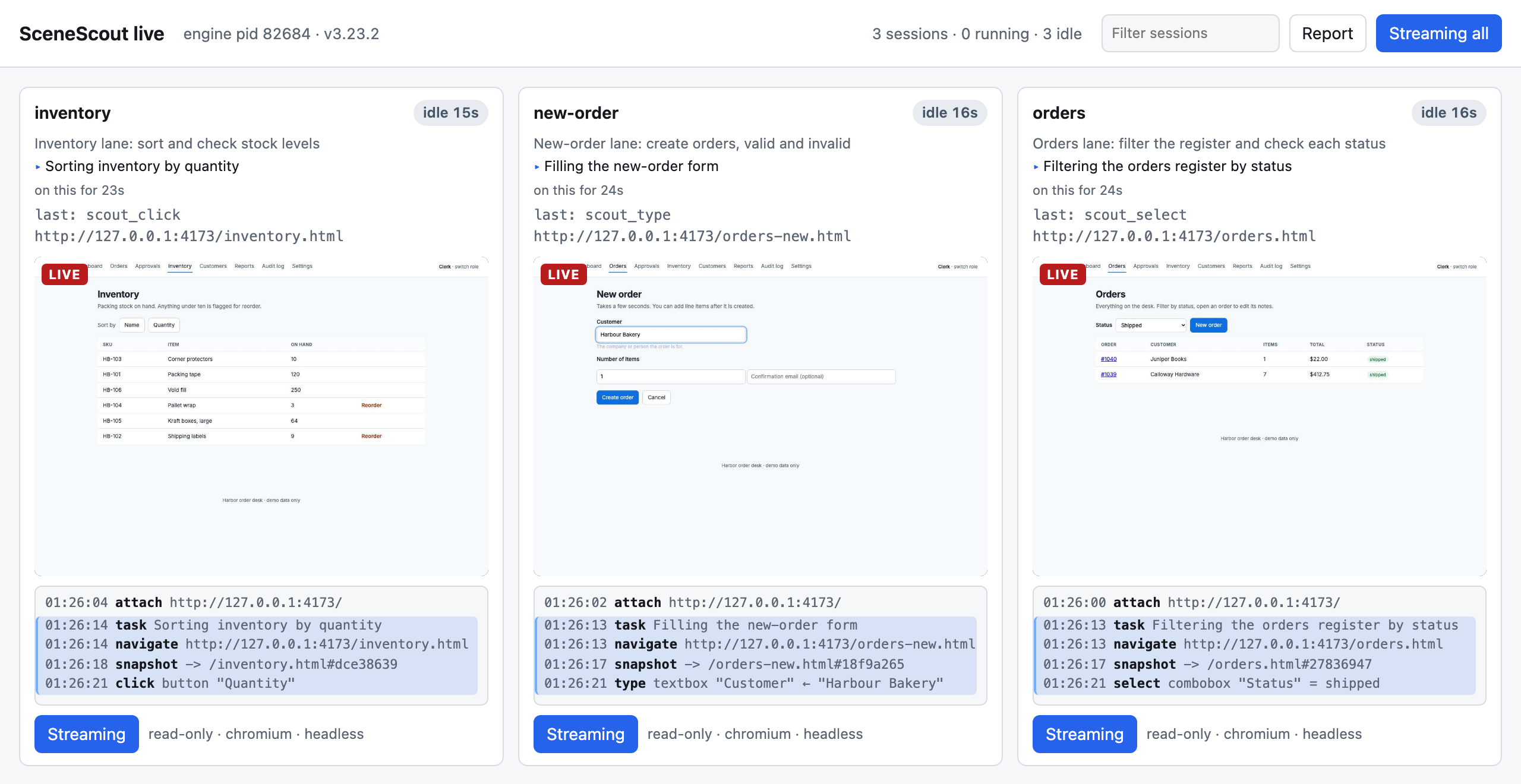 The live view during a run of three parallel agents against the demo app, every one streaming its page live: one card per session, each with its role and objective, the task it is on, the tool it is running, a live picture of its page, and a feed of the actions it just took, tinted one colour per task