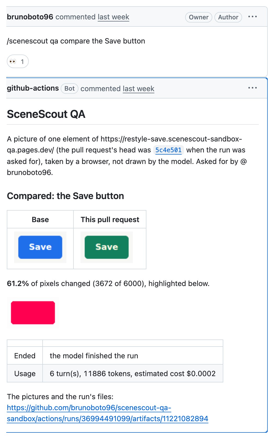 A pull request comment, /scenescout qa compare the Save button, and SceneScout's reply: the button on the base branch in blue and on the pull request in green, with 61.2% of pixels changed highlighted
