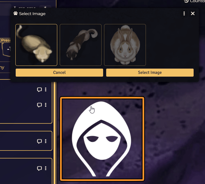 A druid transforming, with the image picker showing the gallery of images placed in that beastform's folder