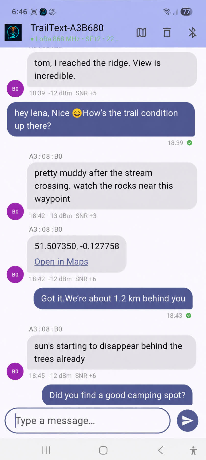 TrailText chat screen