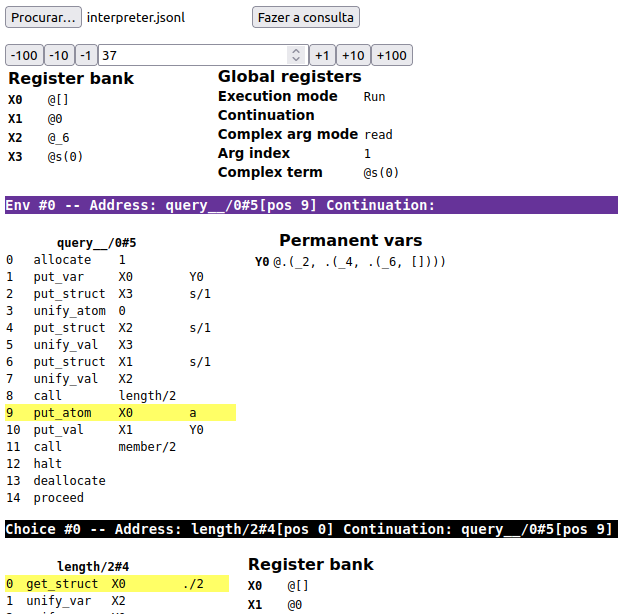 Screenshot of debug view, showcasing instructions, register values and controls