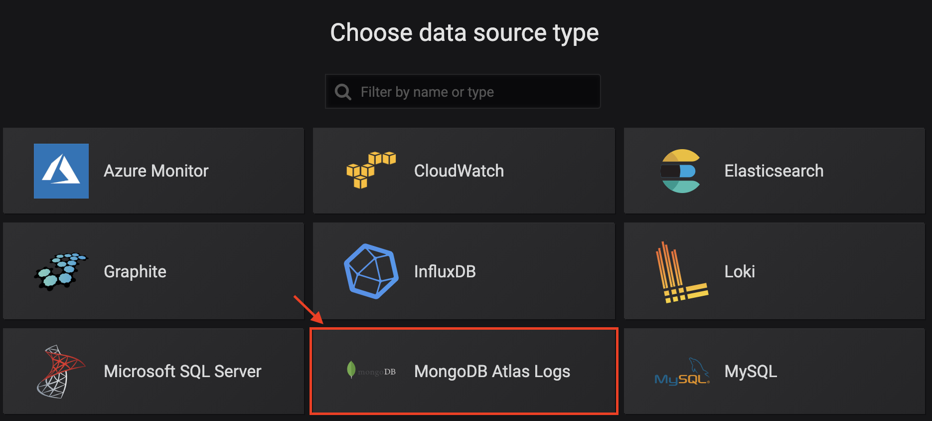 Select MongoDB Atlas Logs datasource from list