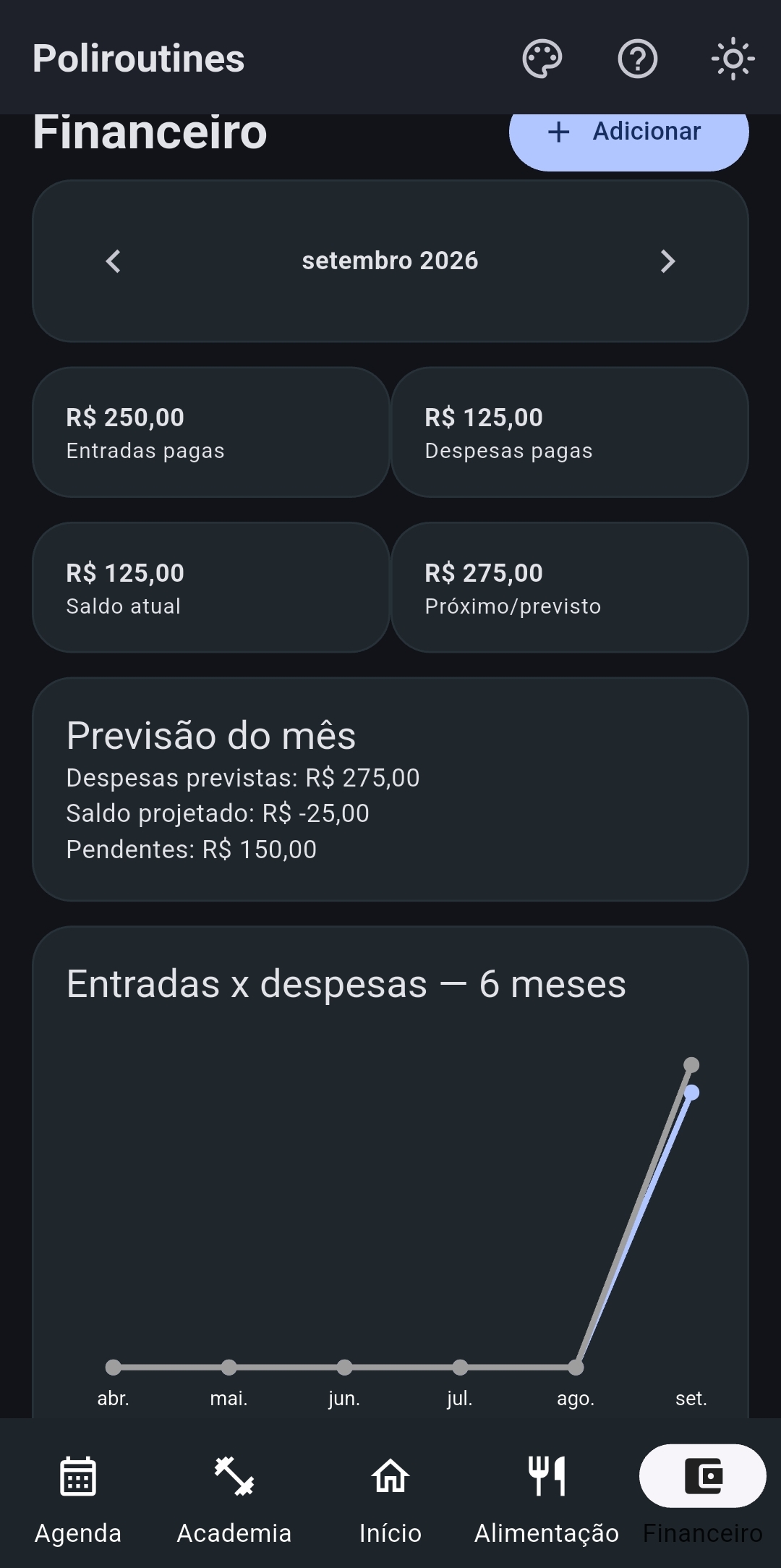 Tela financeira do Poliroutines