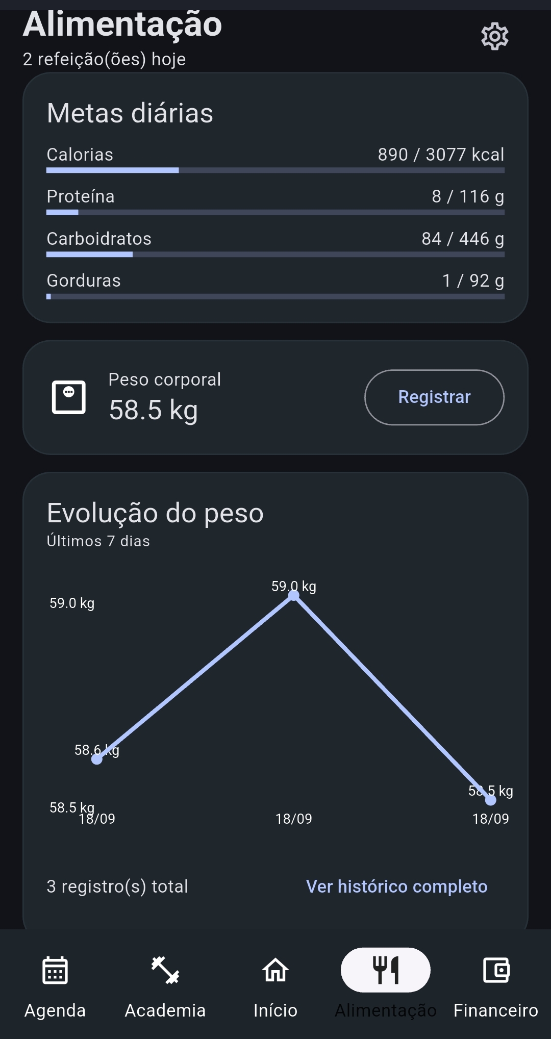 Tela de academia do Poliroutines