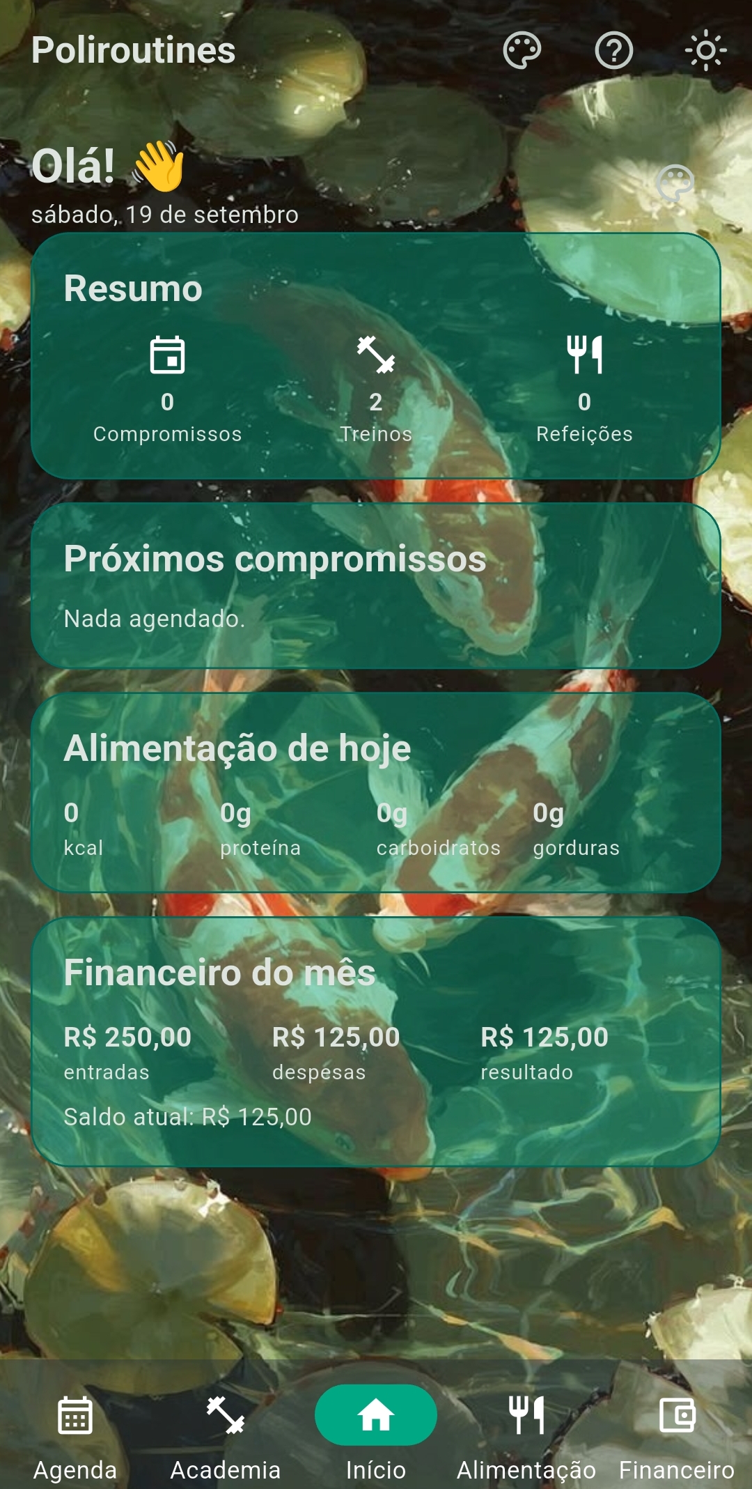 Tela inicial em modo escuro do Poliroutines