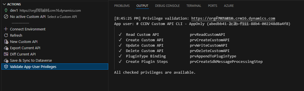 Validate app-user privileges output