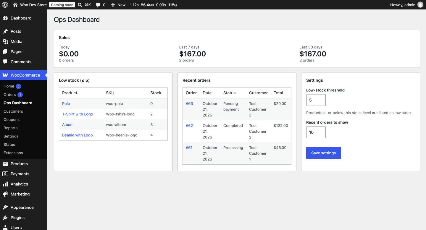 Ops Dashboard showing sales totals, low-stock products and recent orders