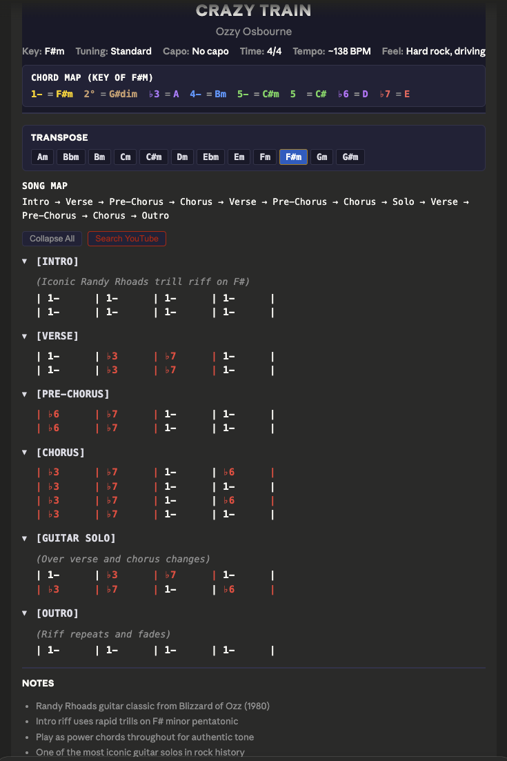 Chart viewer showing Crazy Train with color-coded chord numbers, collapsible sections, and transposition controls