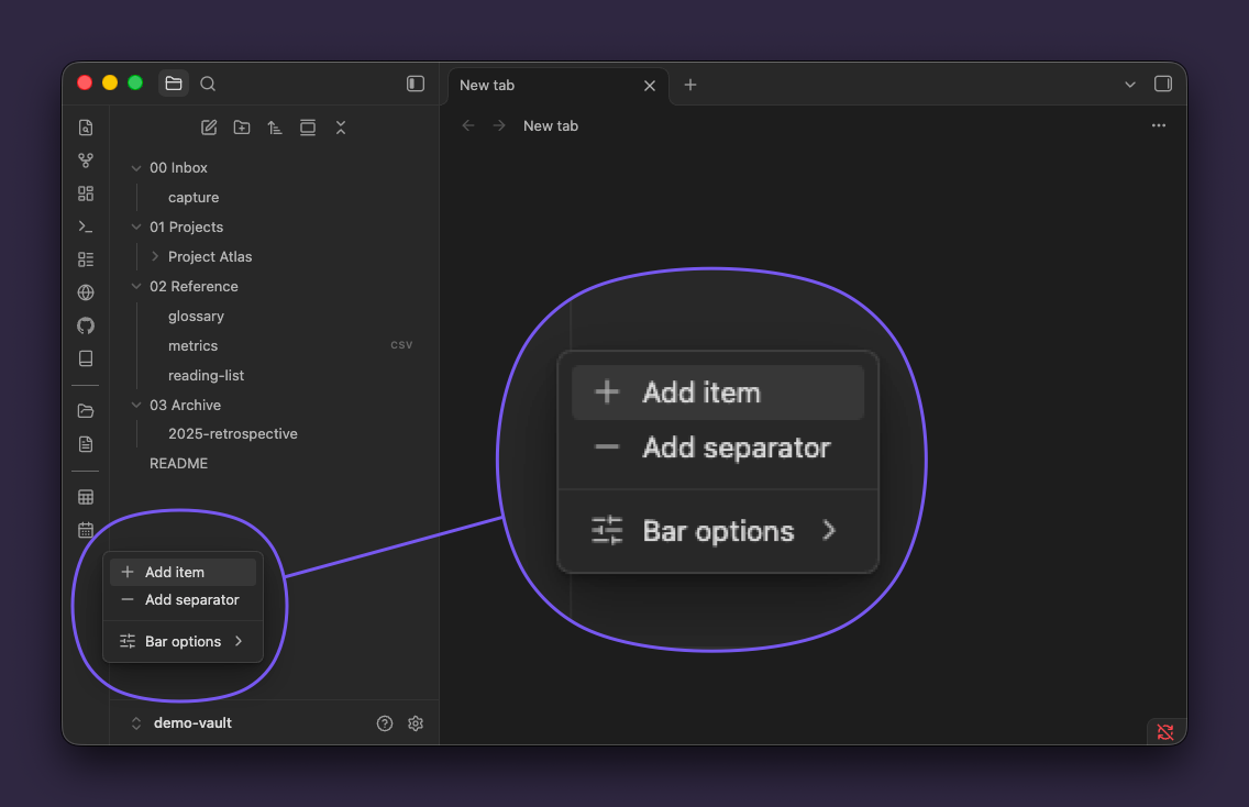 Right-click menu to add items and separators