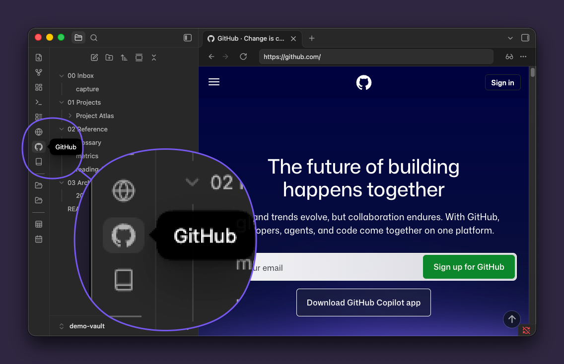 A pinned web link showing its name on hover