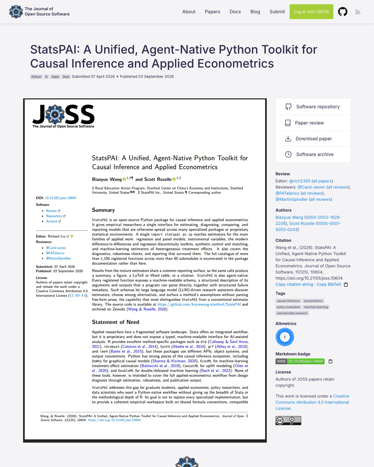 StatsPAI 论文在 Journal of Open Source Software 的发表页面
