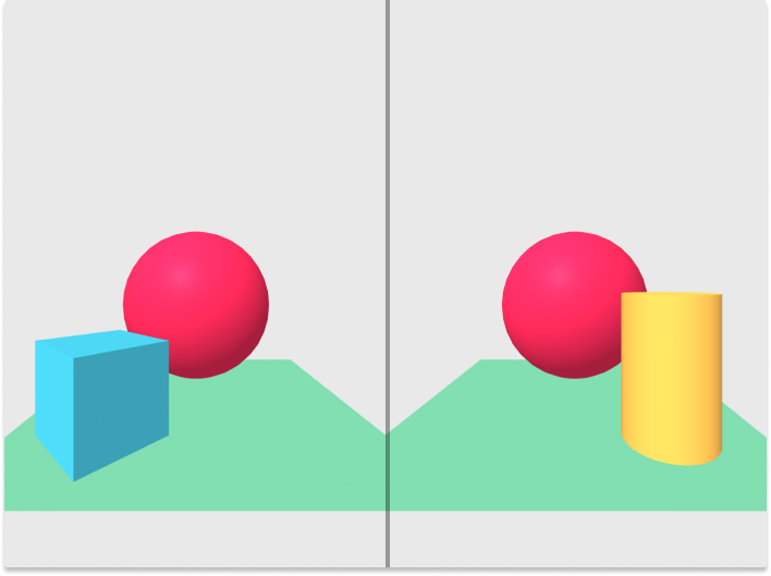 An image split in half. Left side has: a green floor, a blue cube, and a red sphere. Right side has: a green floor, a red sphere, and a yellow cylinder.
