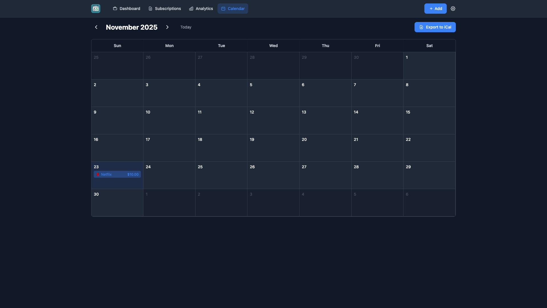 SubTrackr Calendar View