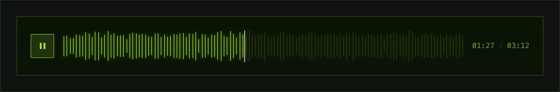 Terminal — Phosphor green, hairline bars and scan lines. The glow is a filter on the track rather than a property, so the