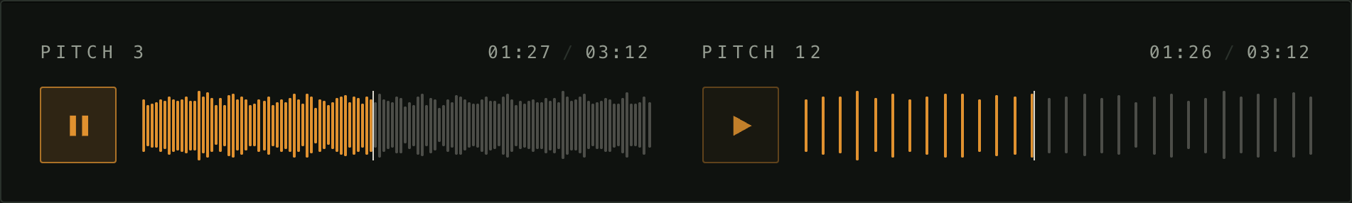 Bar density — Target spacing between bars, in pixels. The bar count follows the player's own width, so the waveform stays eq