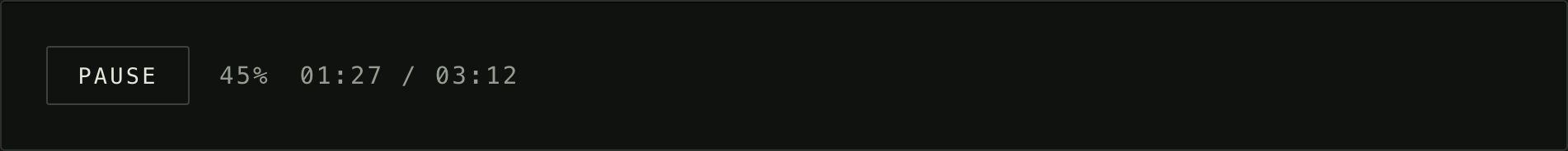 Headless — The hook alone, your own button, none of the package CSS. Playback state and the clock come ready.