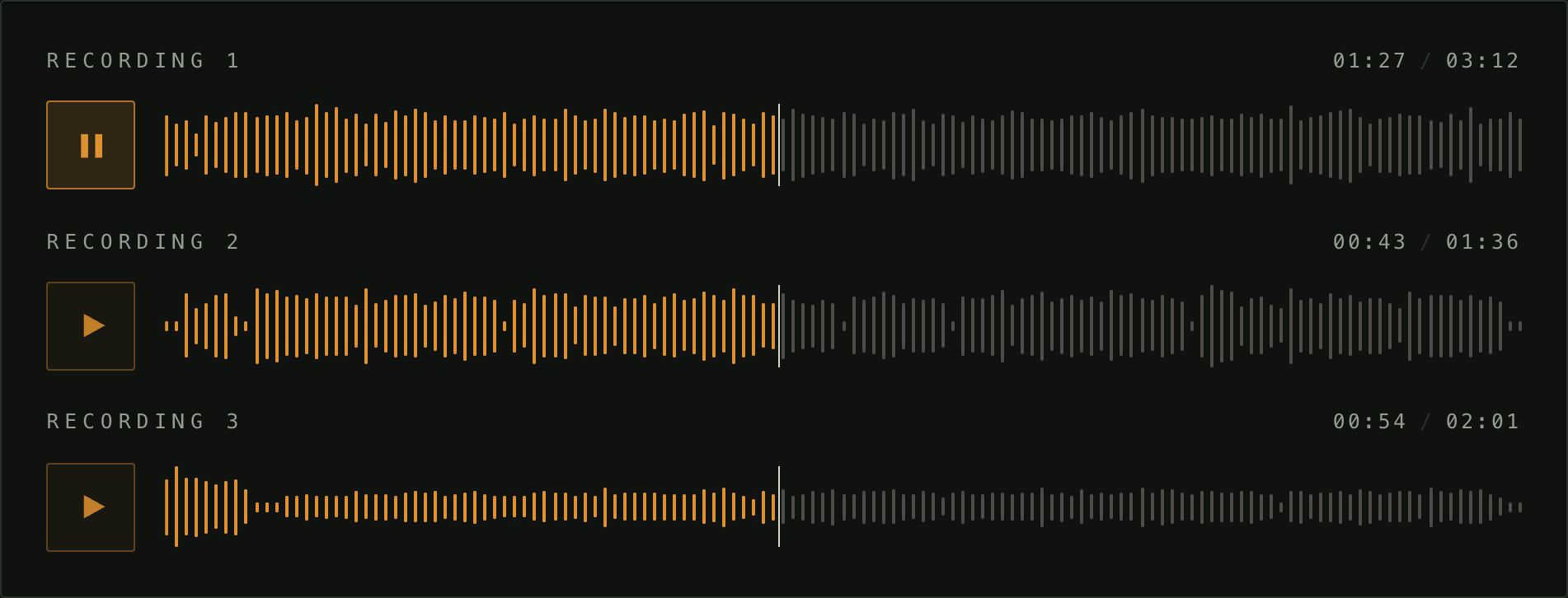 Several recordings — Starting one stops the rest. It reaches only players from this package, so audio the page owns is never touche