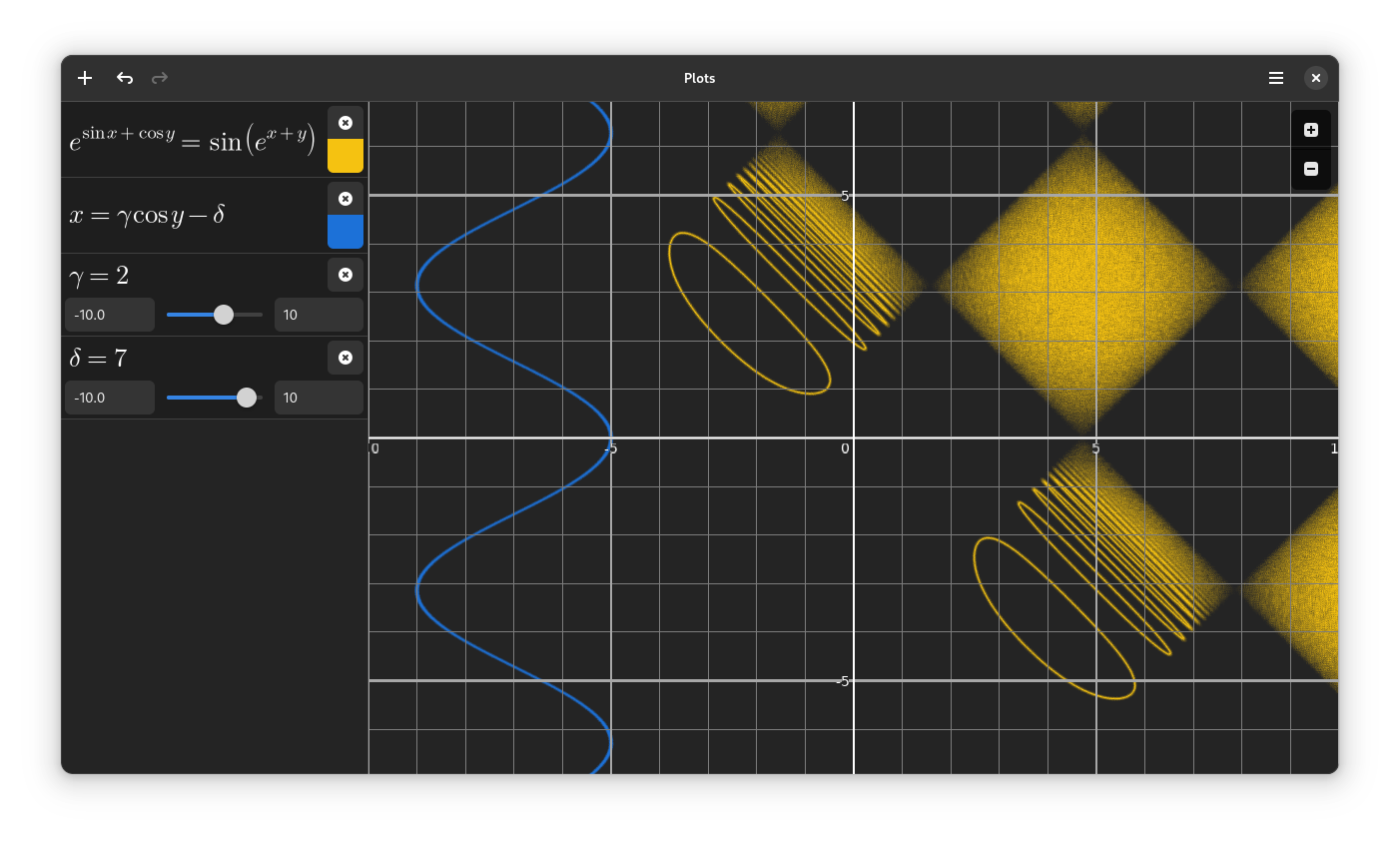 Screenshot of Plots, displaying an implicit graph, a cosine, and variables with sliders, using the dark theme