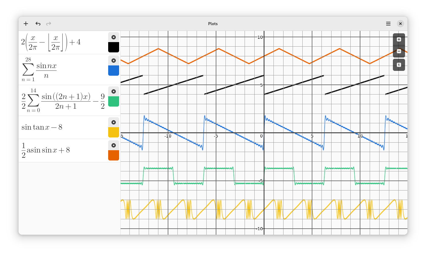 Screenshot of Plots, displaying sawtooth, square, and triangle waves