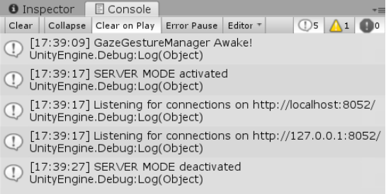 Debug console showing the Server Mode status