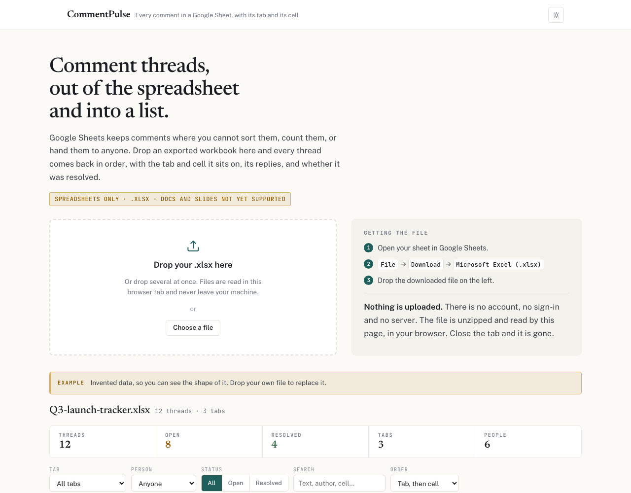 The tool, opened on its built-in example data
