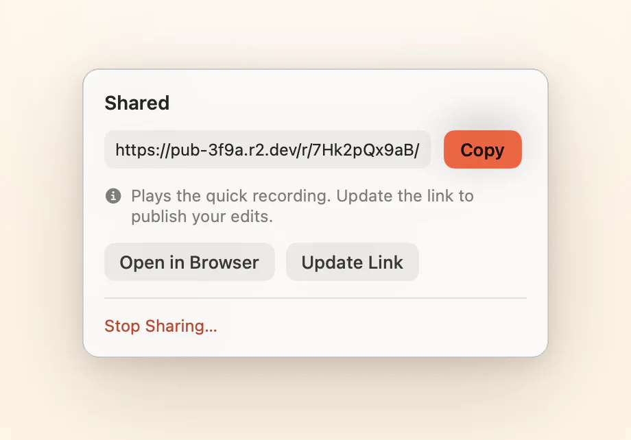 The share popover with the link, Copy and Update Link