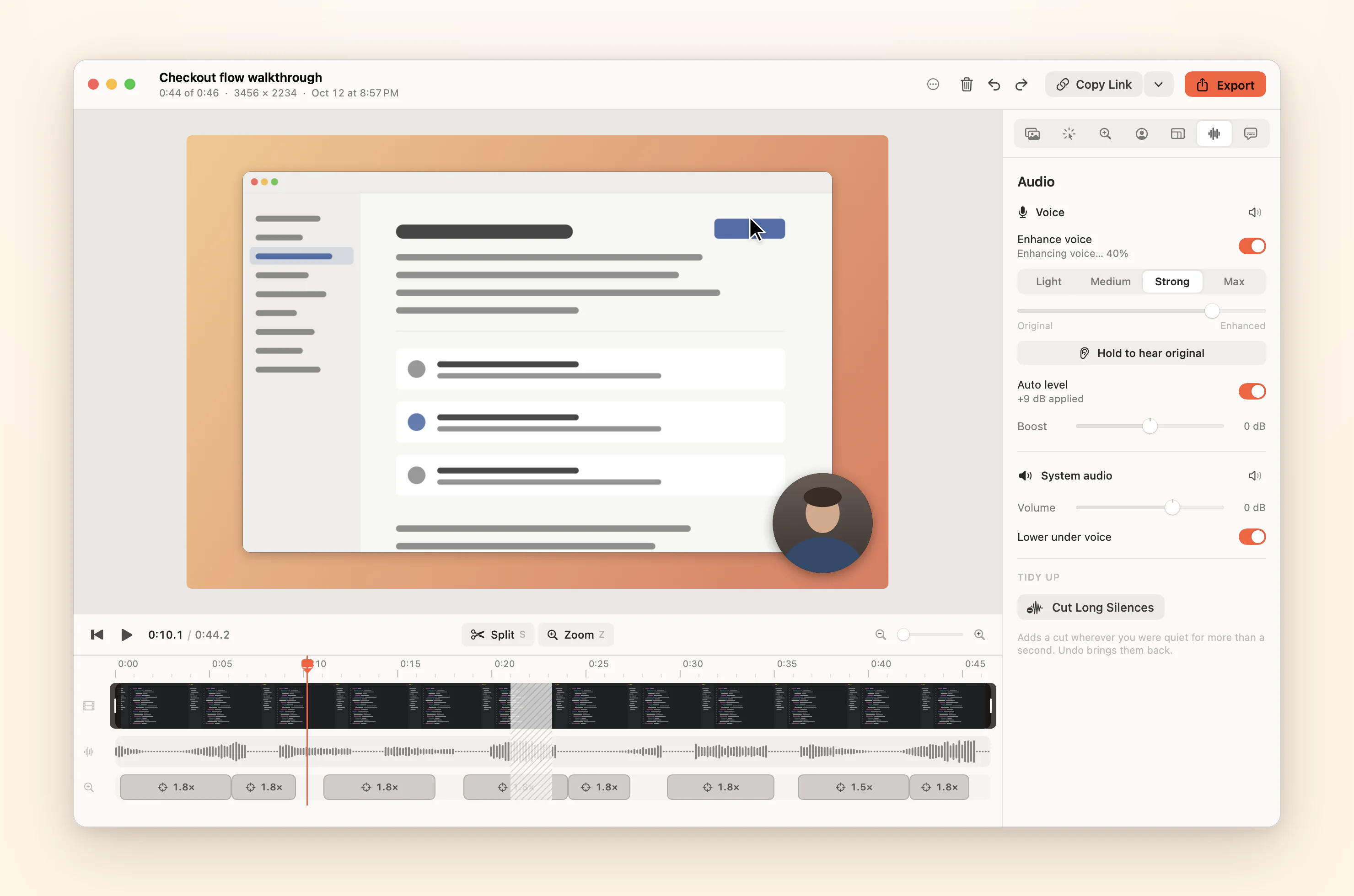 Audio settings: Enhance voice, Auto level and Lower under voice