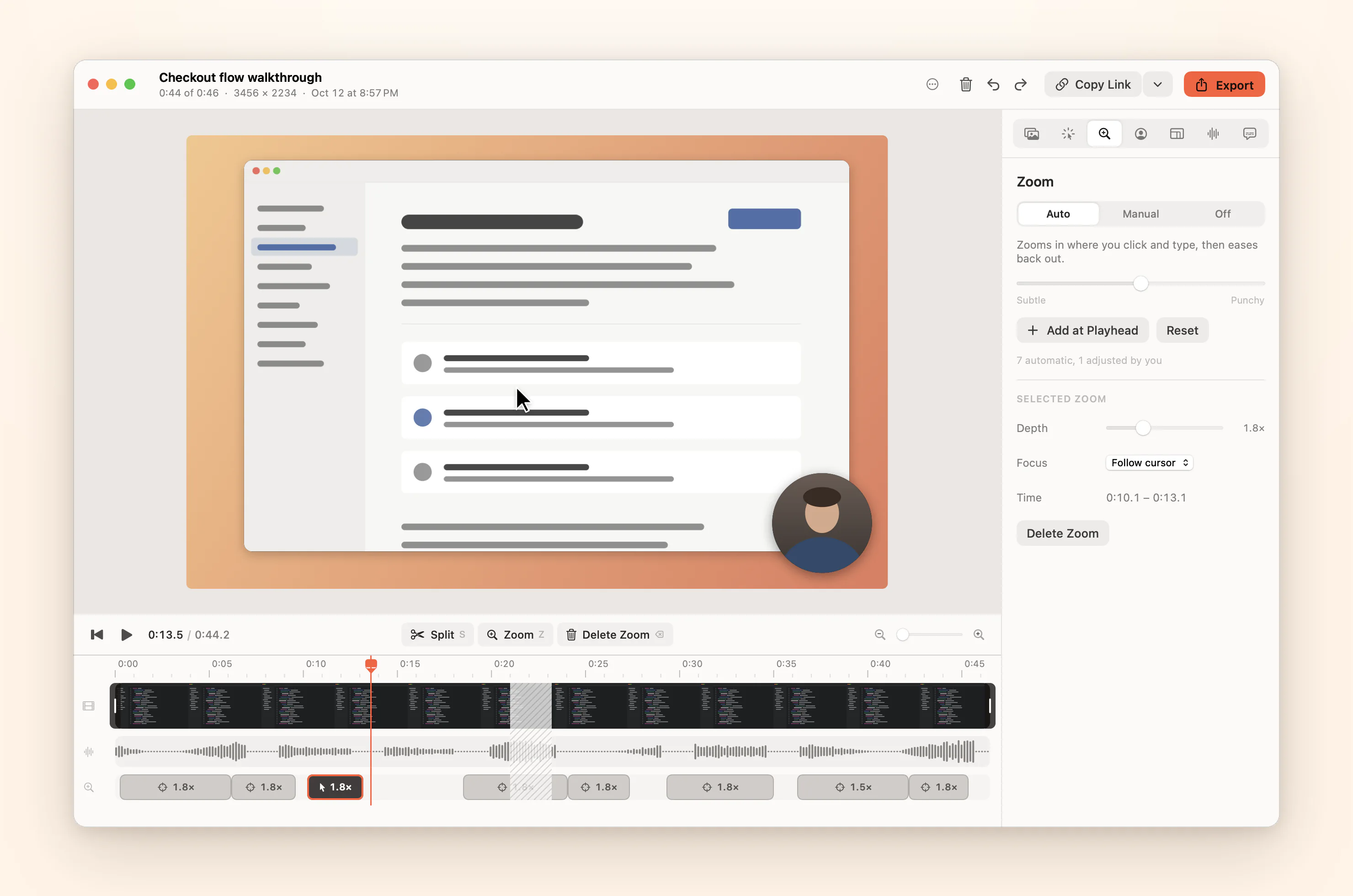 The editor with auto-zoom regions on the timeline