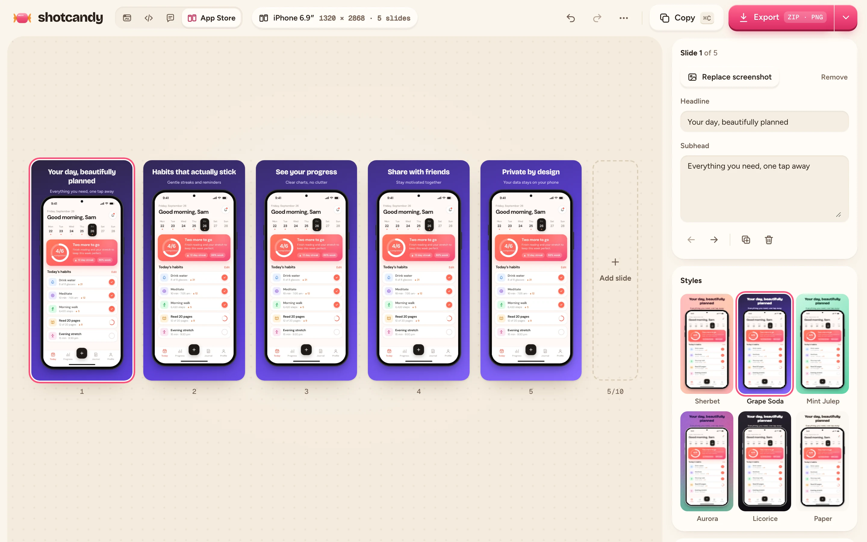 Five App Store slides for a habit tracker, each with a headline above a framed phone screenshot