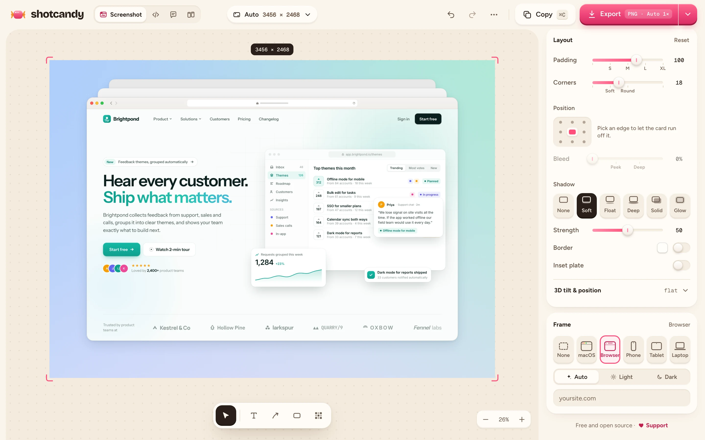 A landing page screenshot inside a browser frame, with the frame picker open