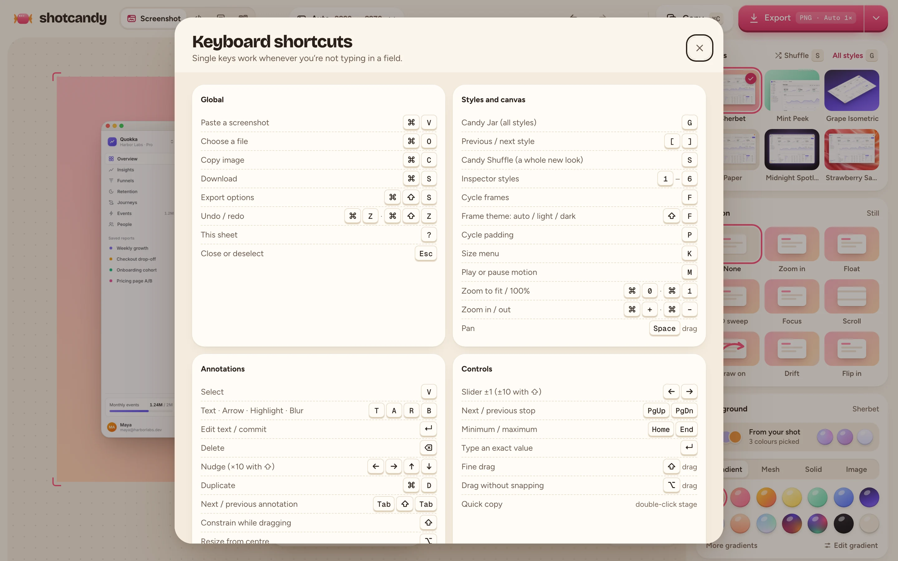 The keyboard shortcuts sheet
