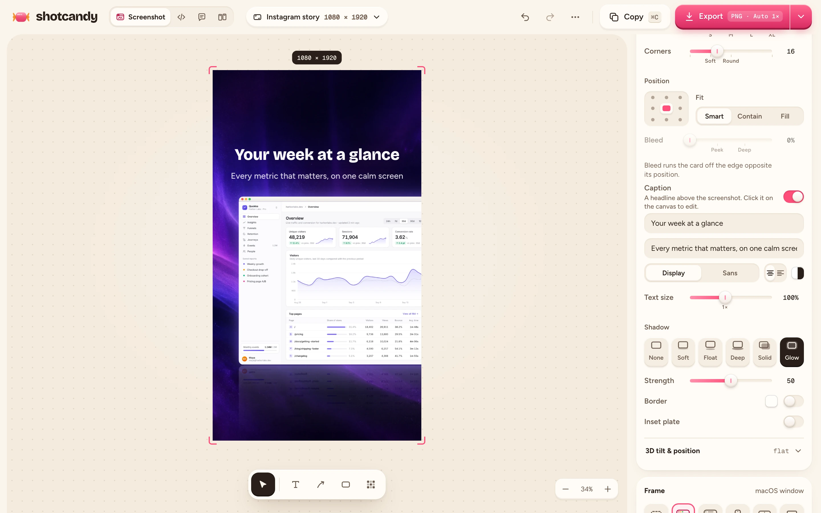 A landscape dashboard screenshot on a 1080 by 1920 Instagram story with the headline Your week at a glance above it