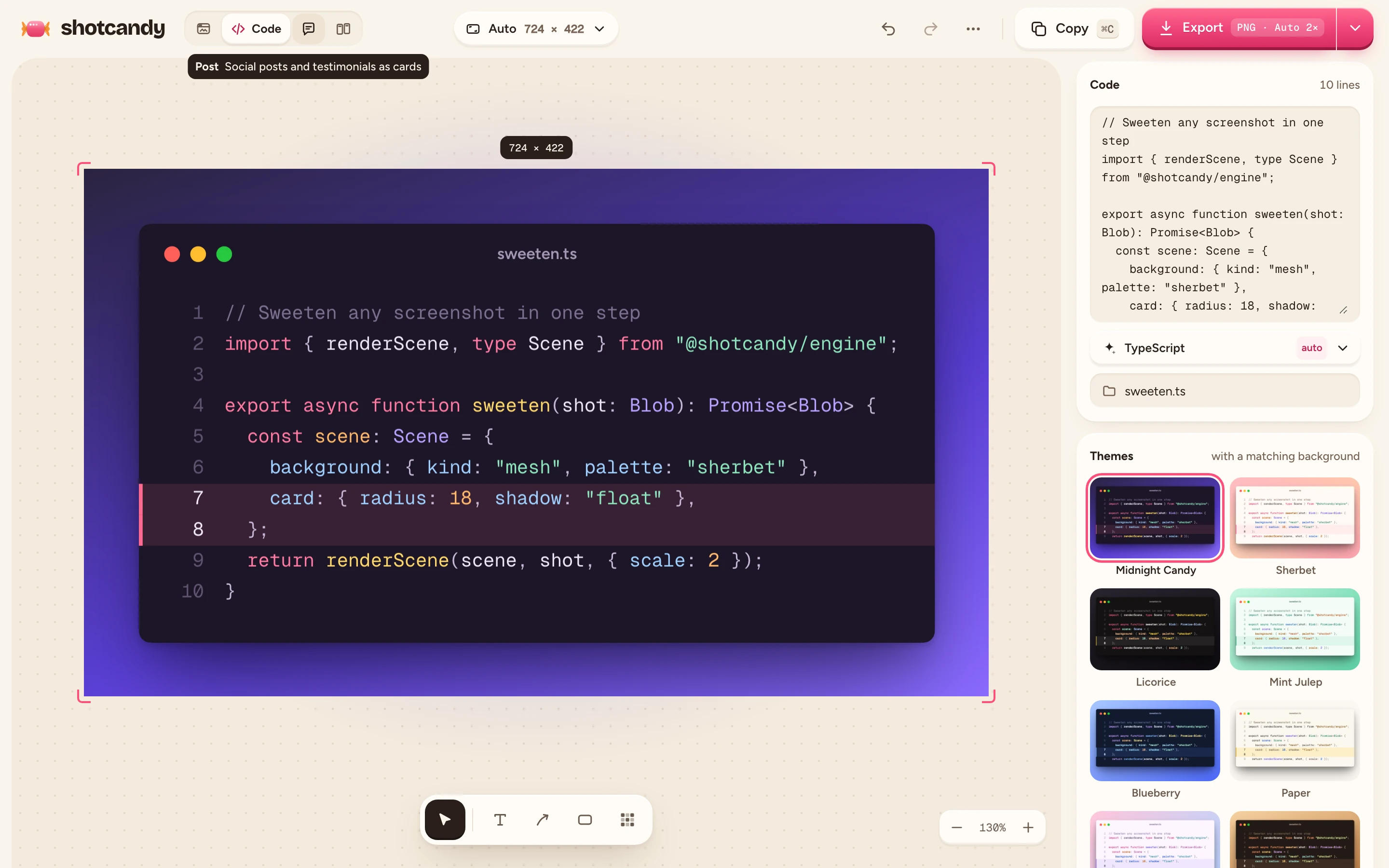 A TypeScript snippet in the Midnight Candy theme with two highlighted lines