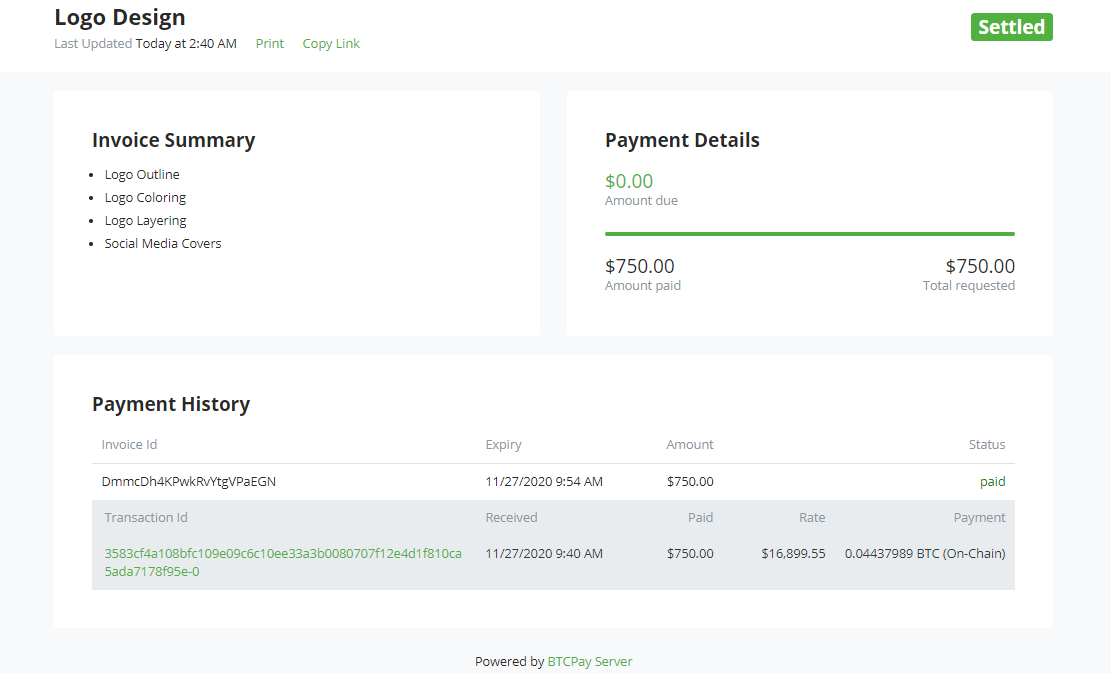 Settled payment request Settled payment request