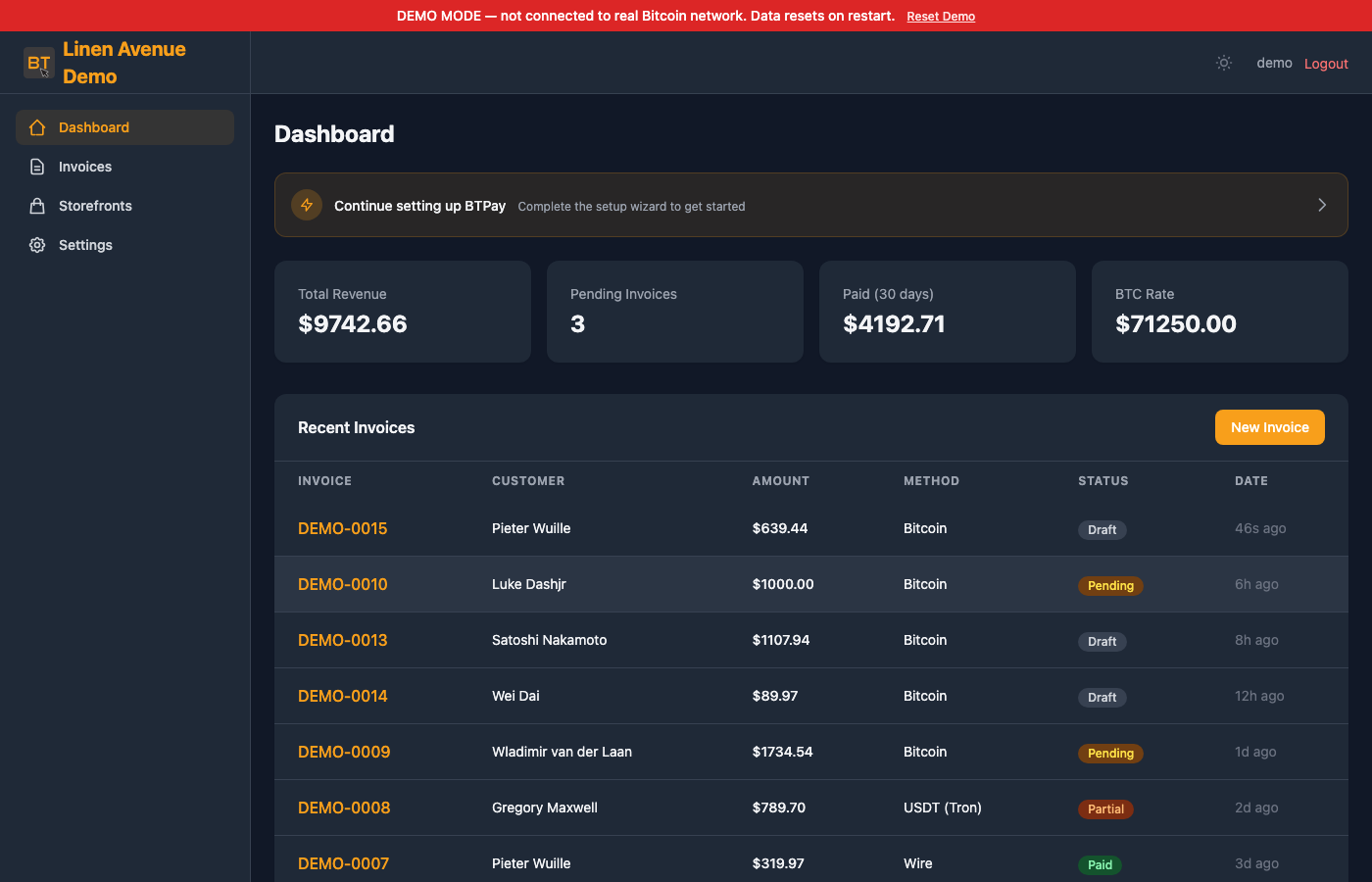 BTPay Dashboard — Dark Mode