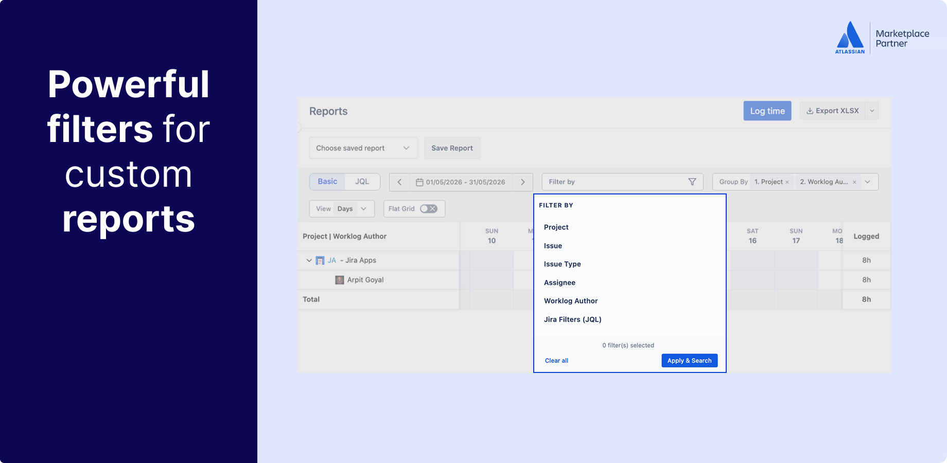 Filter worklogs any way your team actually needs.