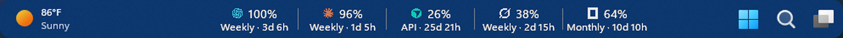 Ceiling's capacity strip above the Windows taskbar, showing Codex, Claude, Cursor, Grok, and OpenCode Go usage with reset times