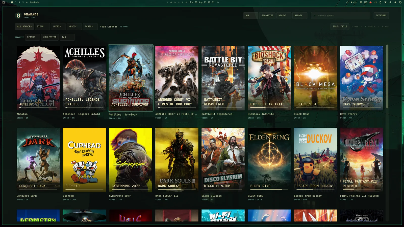 Omakade library showing installed games from multiple launchers