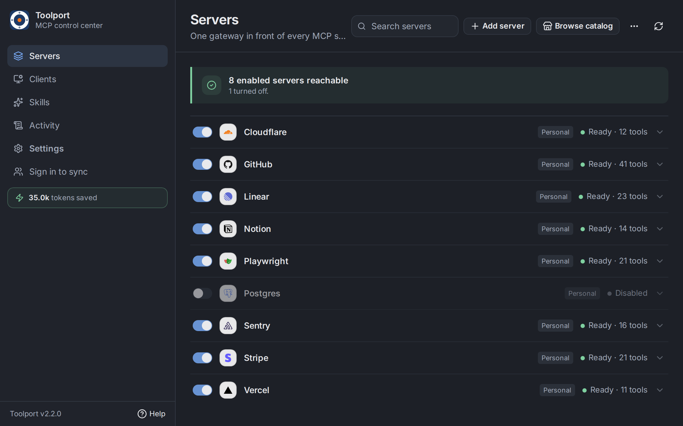 Toolport Servers screen with eight servers ready and one turned off