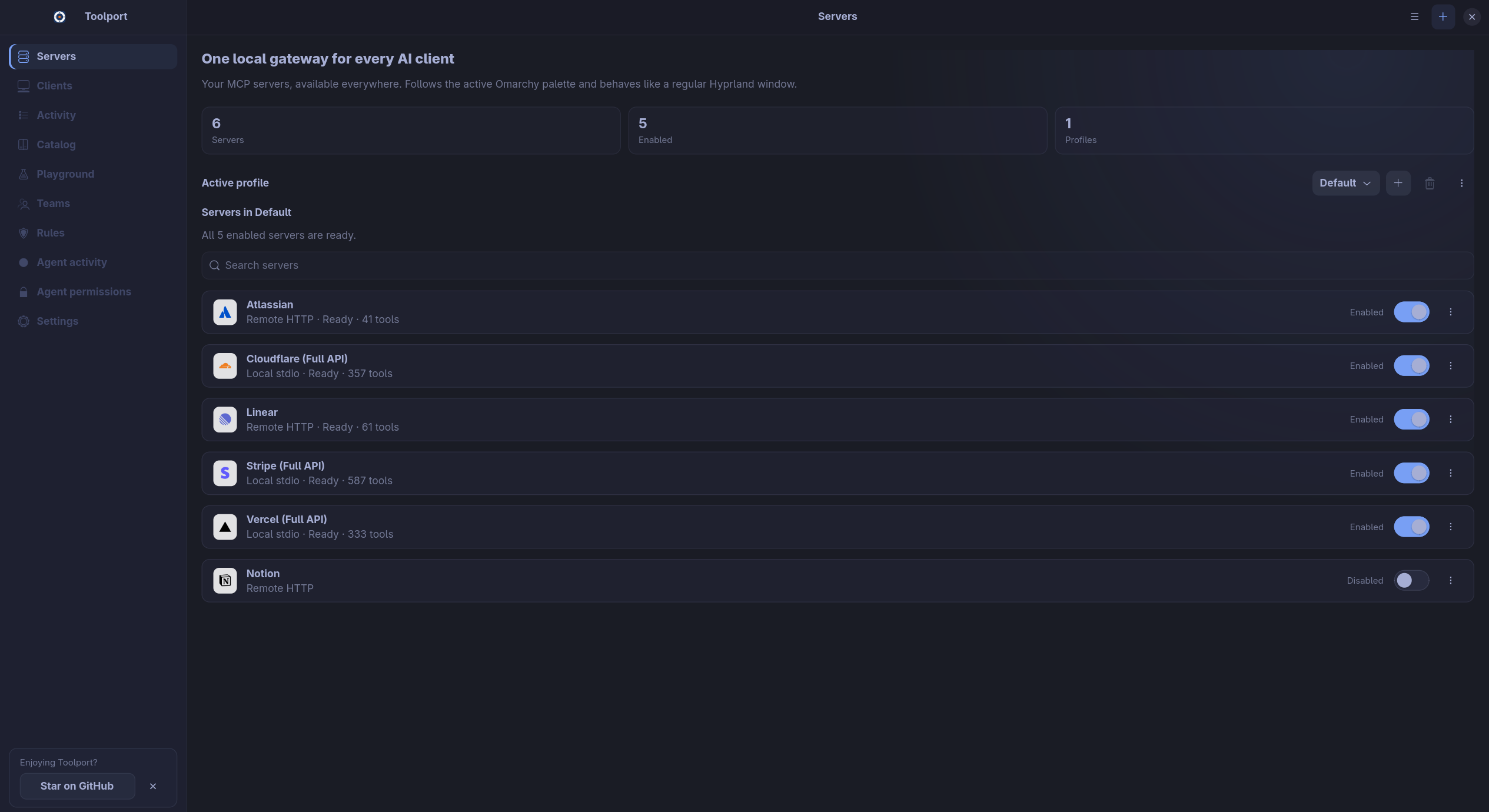 Toolport on Linux with the Tokyo Night theme