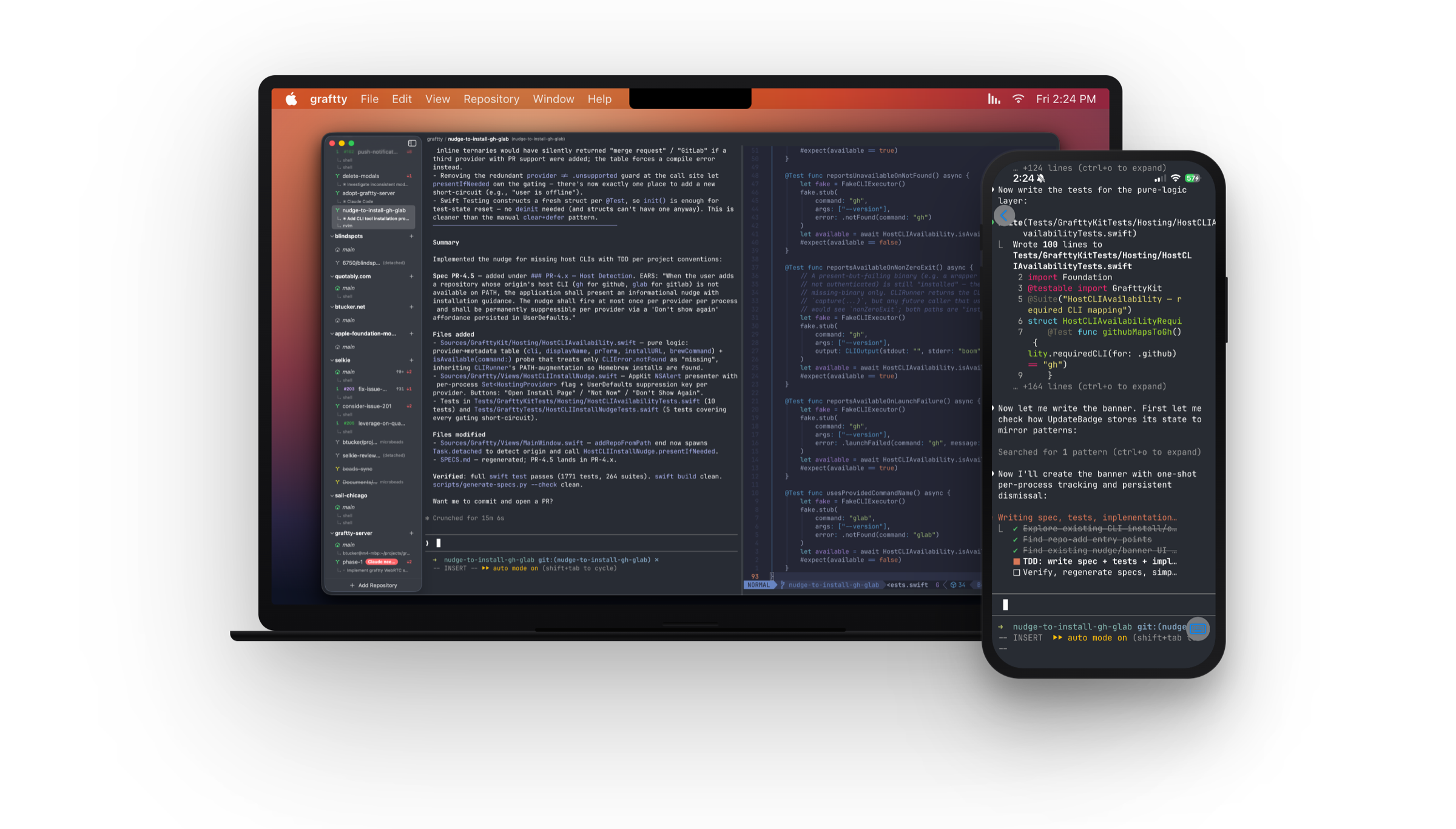 Graftty on macOS in a MacBook Pro frame, with Graftty for iOS in an iPhone frame overlapping front-right