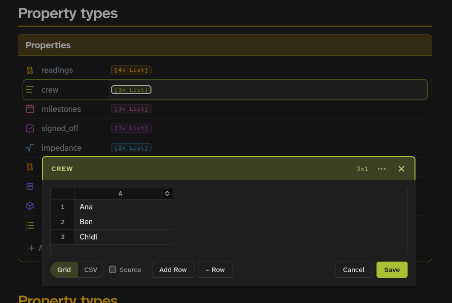 The pop-up editor open on a text list