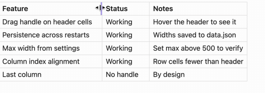 Drag to resize table columns in reading view
