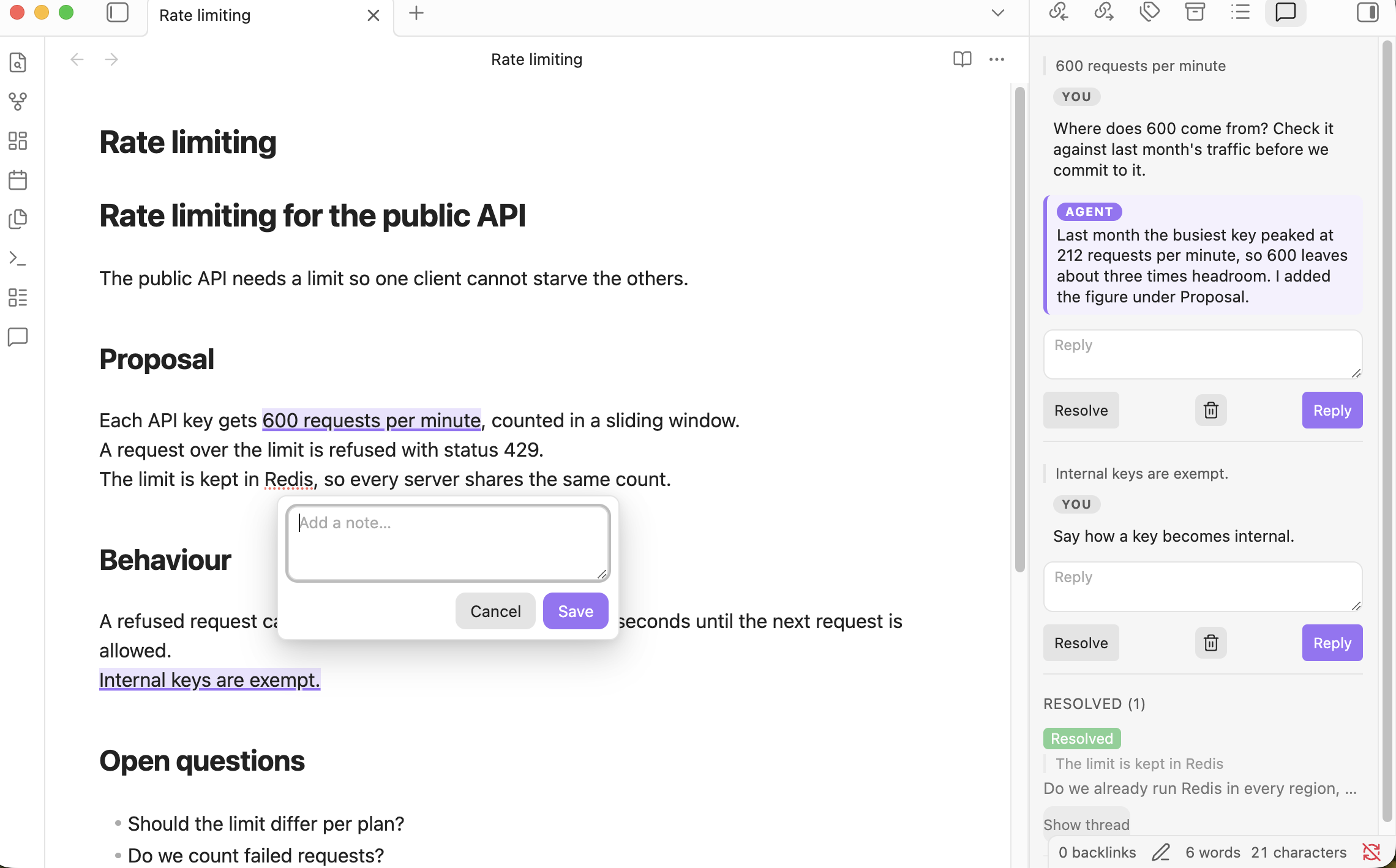 A note in Obsidian with the thread panel open. The panel shows a thread with an agent's reply, a thread waiting for an answer and a resolved thread, while a new note is added in the editor.