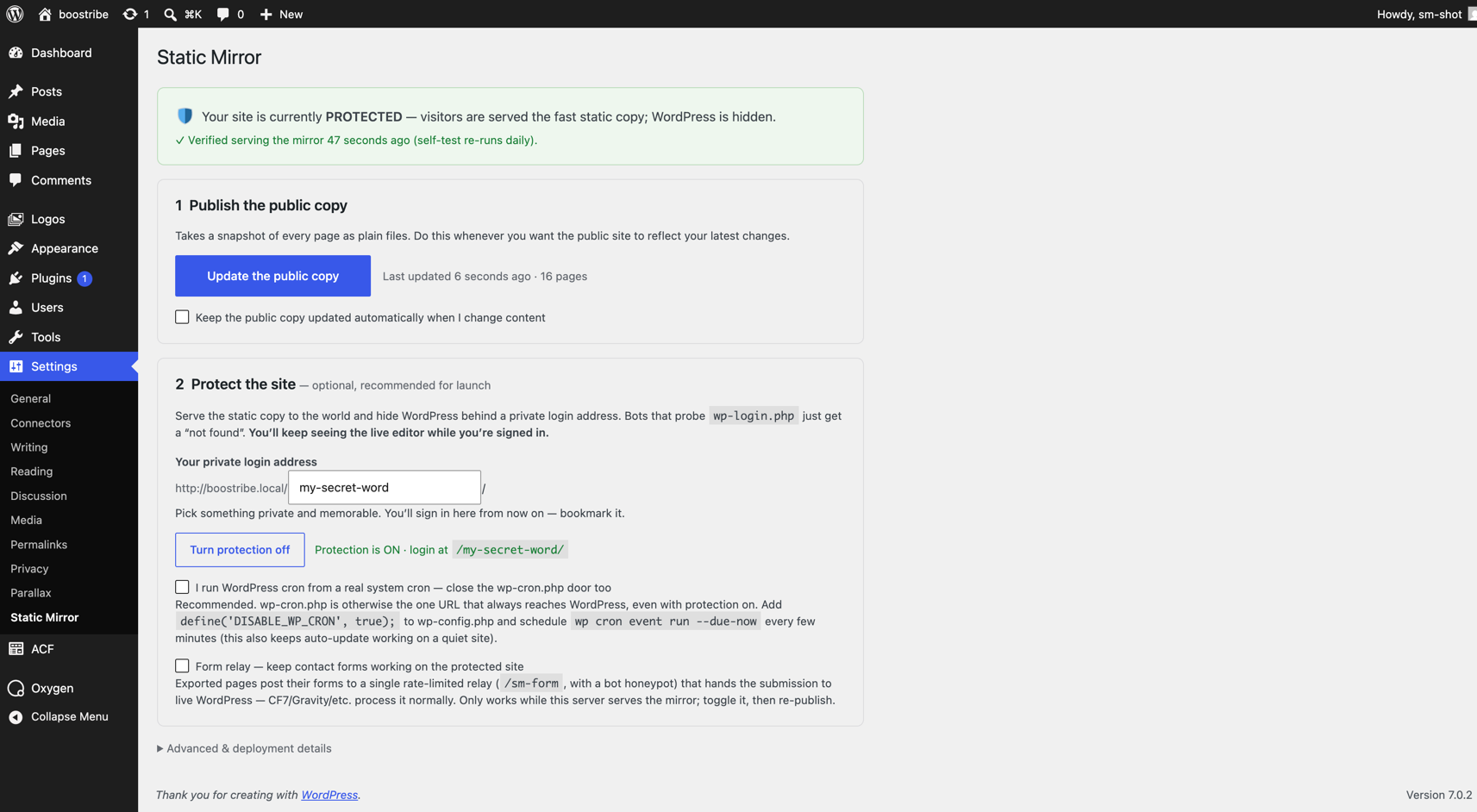 The Static Mirror settings page: a green banner reads "Your site is currently PROTECTED — visitors are served the fast static copy; WordPress is hidden. Verified serving the mirror 47 seconds ago (self-test re-runs daily)", above the publish button and the protection controls.