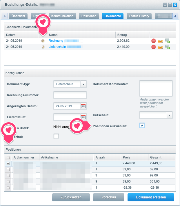 Order's document tab