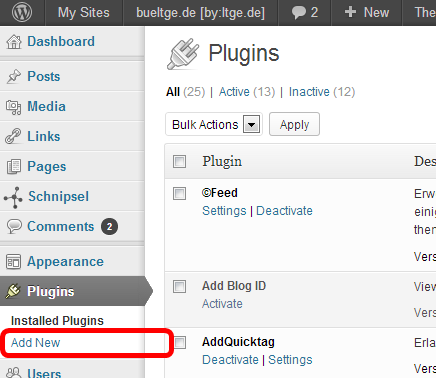 Add New link to install new plugin on each blog